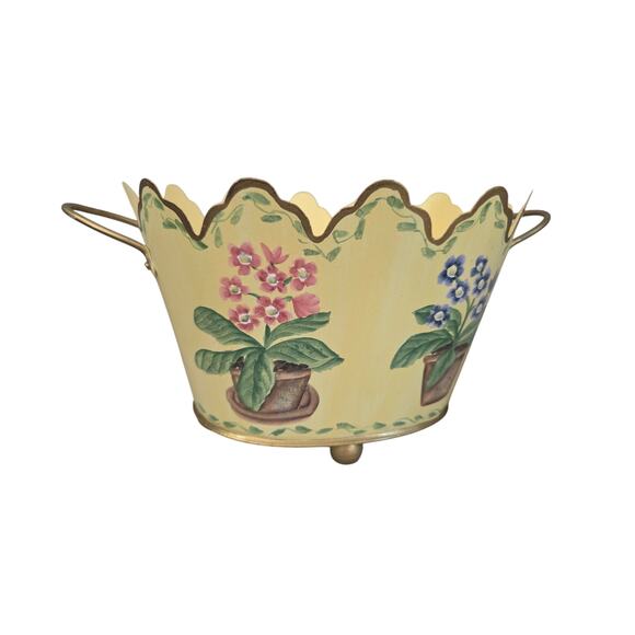Footed Metal Tole Planter Floral Scalloped Cottage Core Yellow Philippines - Picture 3 of 7